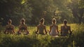 group of people doing yoga in the nature, yoga time in the naturre, people relaxing in the nature Royalty Free Stock Photo