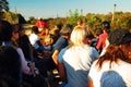 A group of people enjoy a hayride through a farm Royalty Free Stock Photo