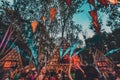 Group of people enjoying the Noisily Festival under a canopy of lights in vibrant colors.