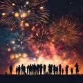 Group of people enjoying spectacular fireworks show on a carnival, new year or holiday. Royalty Free Stock Photo