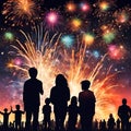 Group of people enjoying spectacular fireworks show on a carnival, new year or holiday. Royalty Free Stock Photo