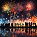 Group of people enjoying spectacular fireworks show on a carnival, new year or holiday. Royalty Free Stock Photo