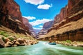 A group of people enjoys a thrilling ride as they navigate down the river on a raft, River rafting through the Grand Canyon, AI
