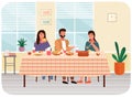 Group of people family or friends dining together at home. Characters eating mexican cuisine dishes