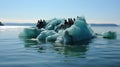 A group of people float on a raft in a sea of melting ice. Created with Generative AI