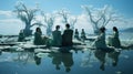 A group of people float on a raft in a sea of melting ice. Created with Generative AI