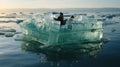 A group of people float on a raft in a sea of melting ice. Created with Generative AI