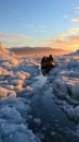 A group of people float on a raft in a sea of melting ice. Created with Generative AI