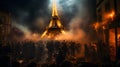 Group of people in front of the Eiffel Tower during a protest in Paris, France