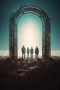 A group of people in front of an old door in another universe.