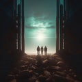 A group of people in front of an old door in another universe.