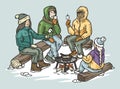 Group of people gathered around a winter campfire, preparing and enjoying fondue. Cozy winter evening with friends and