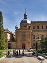 Group of people gathered in front of the Augustinian Convent and Purisima Church in Salamanca