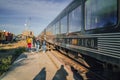 Group of people getting off the Train Chepe Express in Mexico on a sunny day Royalty Free Stock Photo