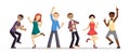 Group of people happily dancing illustration. Cheerful young women and men jump up and clap their hands an gala party