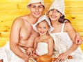 Group people in hat at sauna. Royalty Free Stock Photo