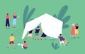 Group of people having fun and relaxing at open air party vector flat illustration. Man and woman dancing in tent