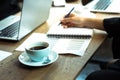 Group of people having a meeting after successful business negotiation in a coffee shop.Drinking hot beverage latte art coffee Royalty Free Stock Photo