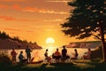 Group of people having picnic in the park at sunset. Vector illustration, A group of people at a barbecue at sunset, Summer