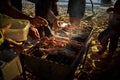 Group of people helping each other to make delicious dinner before sunset at the beach in Thailand. Royalty Free Stock Photo