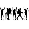 Group of people hiking, men and women with disabilities. Set of black silhouettes on a white isolated background