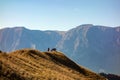 Group of people hiking in the mountains during autumn season