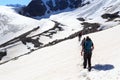 Group of people hiking towards glacier Taschachferner and mountain snow panorama with blue sky in Tyrol Alps, Austria