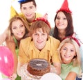 Group people holding cake. Royalty Free Stock Photo