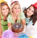 Group people holding cake. Royalty Free Stock Photo