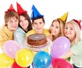 Group people holding cake. Royalty Free Stock Photo