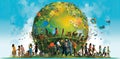 group of people holding earth, in the style of environmentally inspired, flat, vibrant airy scenes, human-canvas integration.