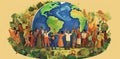 group of people holding earth, in the style of environmentally inspired, flat, vibrant airy scenes, human-canvas integration.