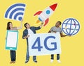 Group of people holding 4G technological icons