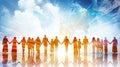 a group of people holding hands against the background of a blue sky, international harmony day, banner, poster