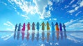 a group of people holding hands against the background of a clear blue sky, international harmony day, banner, poster