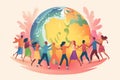 A group of people holding hands around a globe. Generative AI image. Royalty Free Stock Photo
