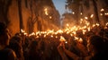 A group of people holding torches with flames coming out of them