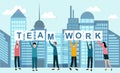 Group of people holding word TEAMWORK against background of modern megapolis, vector illustration in flat style Royalty Free Stock Photo