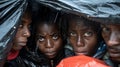 A group of people huddle together in a makeshift shelter their faces tired and worried as they wait for the tornados