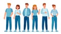 Group of people in jeans. Students in casual denim clothes standing together. Young women and men. Teenagers in jean pants vector Royalty Free Stock Photo