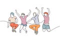 Group of people jumping looks happy and enjoying their life continuous one line drawing. Metaphor of joy community team members.