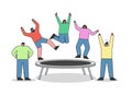 Group of people jumping on trampoline. Young cartoon characters having fun on garden trampoline Royalty Free Stock Photo