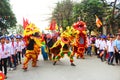 Group of people lion dance on the streets