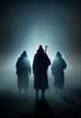A group of people in long raincoats and hoods walk in a crowd at night in the fog in search of adventure, silhouettes