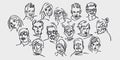 Group of people. Lots of different avatars. Portraits of men and women. Black and white flat people character design. Line