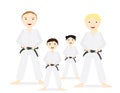 Group of people adults and kids with Judo uniforms and black belt standing