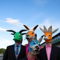 Group of people with masks in a row standing in a field.