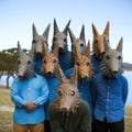 Group of people with masks in a row standing in a field.