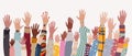 Group of raised hands and arms of multicultural men women and children.Community of people of diverse culture.Diversity people