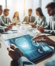 Group of people in modern conference room, closeup hands using holographic graphics generative ai art